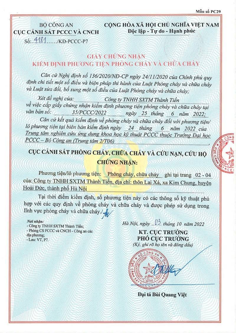 Giấy chứng nhận kiểm định PCCC Thành Tiến